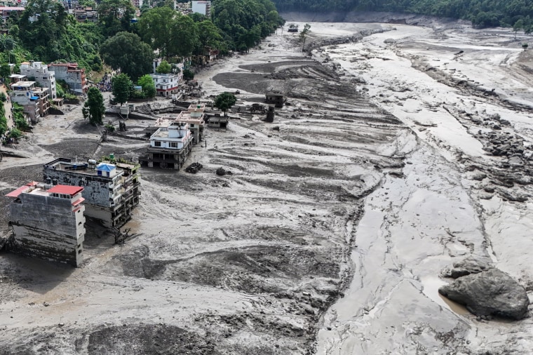 Destruction along the swollen Trishuli River following a massive flash flood, in Nuwakot, Nepal, on Wednesday.Skanda Gautam / SOPA Images/LightRocket via Getty Images