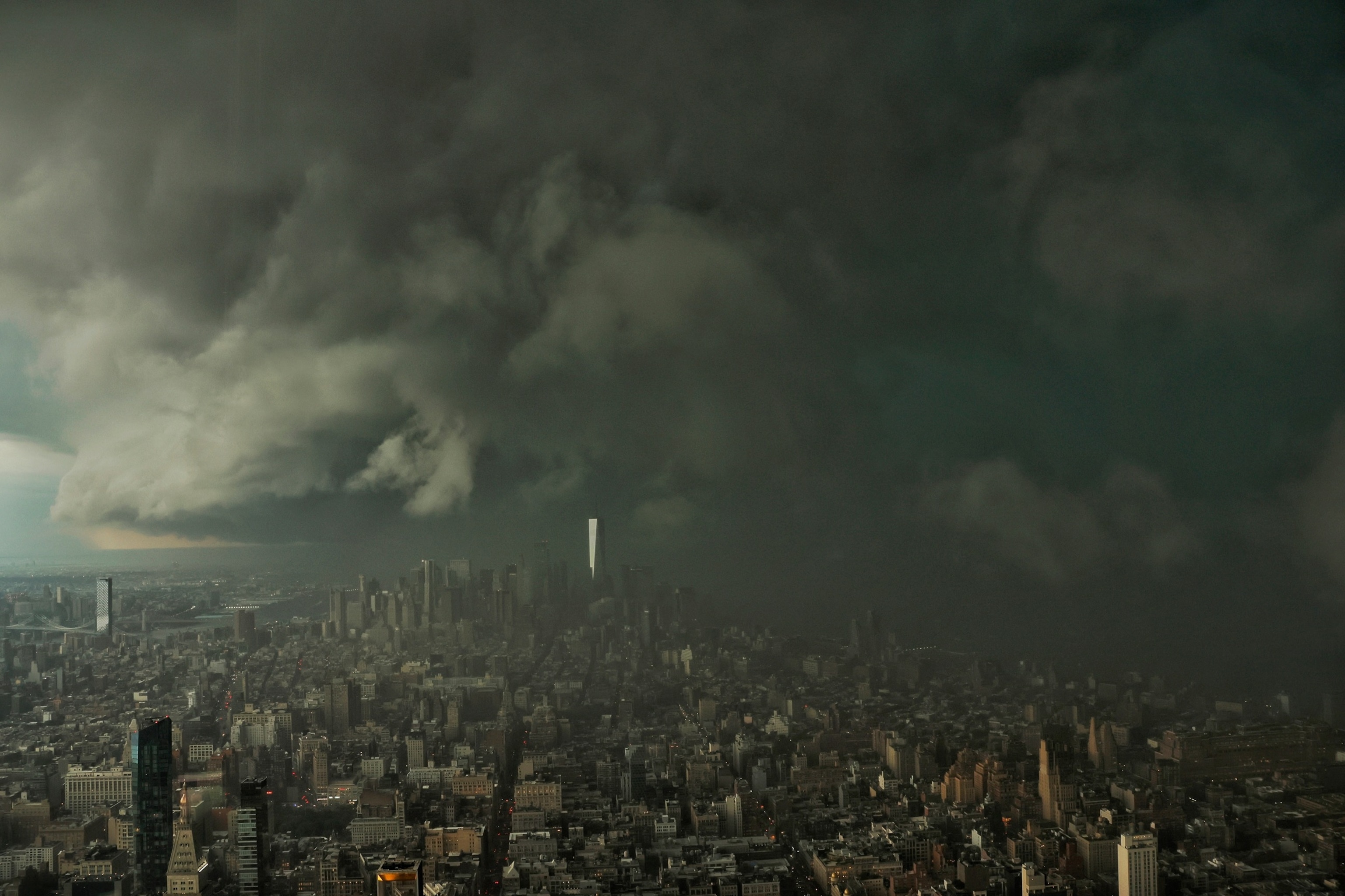 A thunderstorm crosses the Hudson River from Jersey City, New Jersey, into Lower Manhattan, August 7, 2026, in New York City.Gary Hershorn/ABC News
