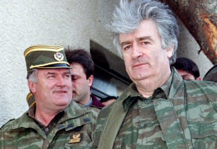 The Bosnian Serb leader Radovan Karadžić (right) with Mladić in 1995. Karadžić was also sentenced to life imprisonment for genocide and war crimes.Photograph: Ranko Cukovic/Reuters
