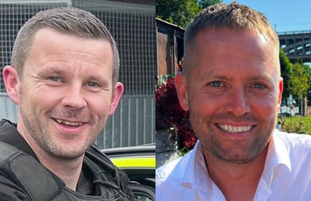 The police officers Tom Clough (left) and Matthew Blades died when a Volkswagen Passat going in the wrong direction hit their vehicle on the A66.Photograph: Cleveland police/PA