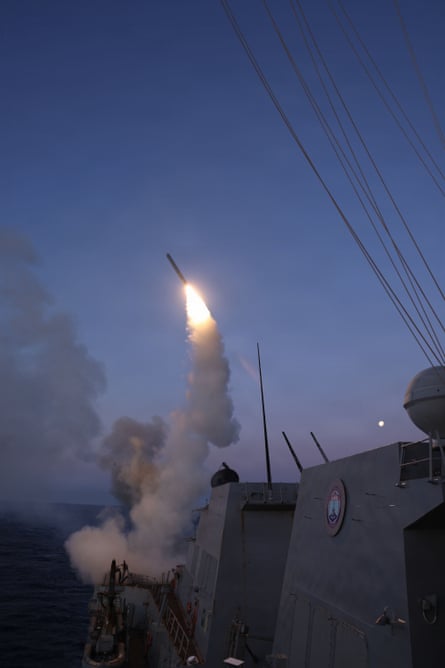 A Tomahawk missile is launched from the USS Thomas Hudner in Mediterranean Sea on 5 March 2026.Photograph: US navy/Getty Images