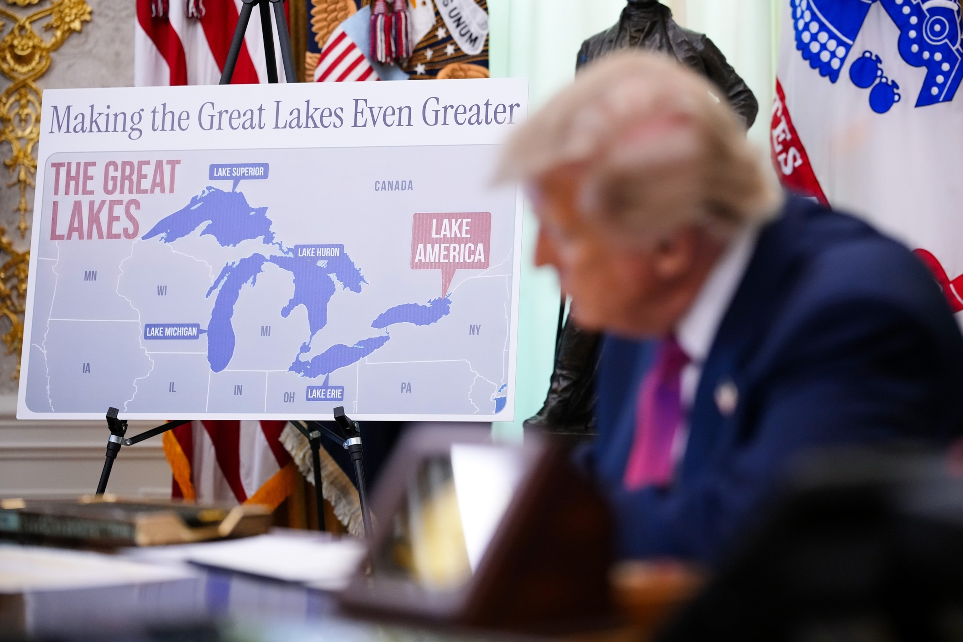 A map naming Lake Ontario as "Lake America" is displayed as U.S. President Donald Trump signs an executive order during an event in the Oval Office of the White House, August 27, 2026 in Washington.Andrew Harnik/Getty Images