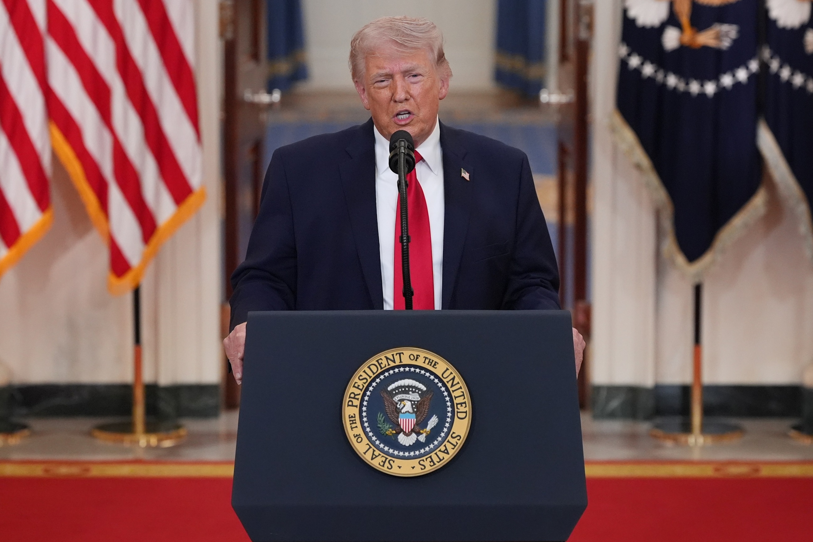 President Donald Trump speaks from the Cross Hall of the White House, April 1, 2026. Trump used the prime-time address to update the nation on the war in Iran.Alex Brandon/Pool/Getty Images