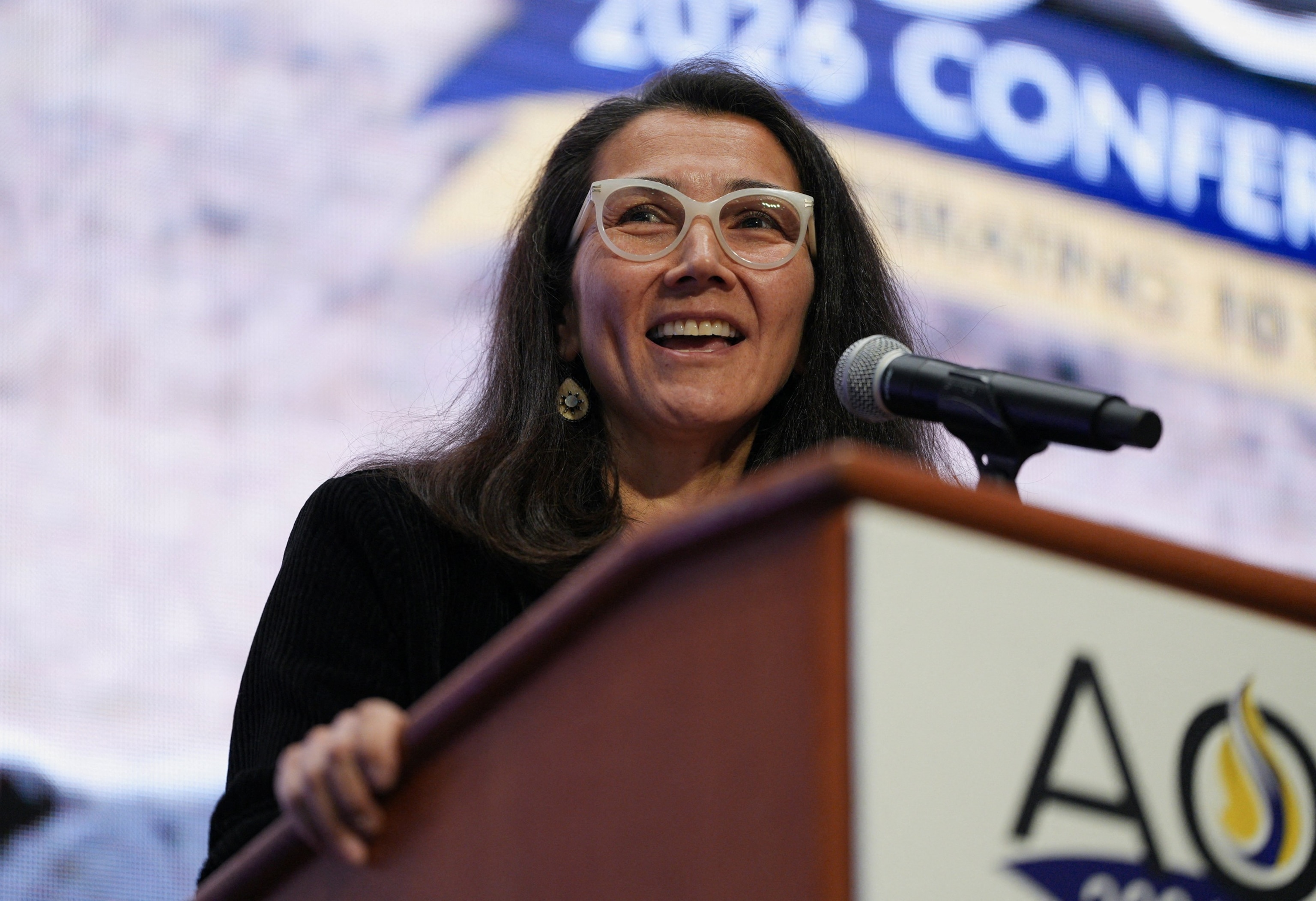 Democratic former Rep. Mary Peltola, a candidate in the upcoming Senate election, speaks at a forum during the Alaska Oil & Gas Association (AOGA) annual conference in Anchorage, Alaska, Aug. 27, 2026.Kerry Tasker/Reuters