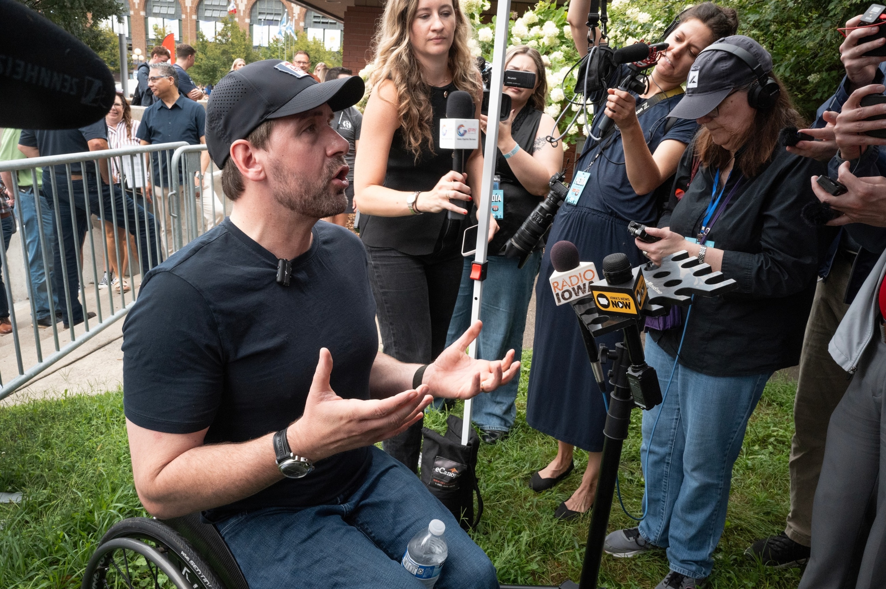 Democratic nominee for the U.S. Senate Josh Turek speaks to the media during a visit to the Iowa State Fair on Aug. 4, 2026, in Des Moines, Iowa. Turek is hoping to win the seat being vacated by Sen. Joni Ernst (R-IA), who is not running for re-election.Scott Olson/Getty Images