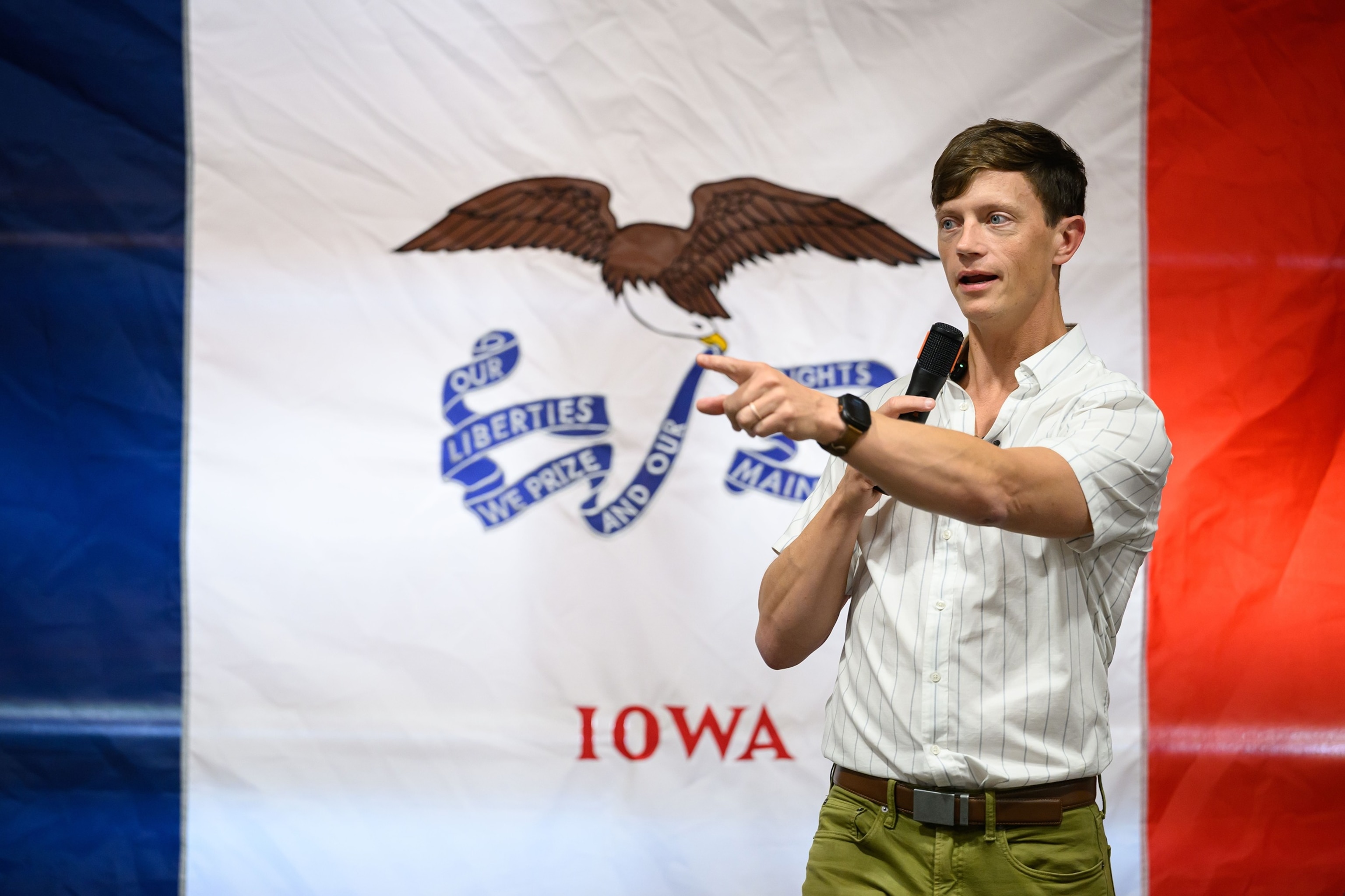 Gubernatorial candidate Rob Sand speaks to voters during a campaign visit to the Carroll County Conservation Classroom on Aug. 20, 2026, in Carroll, Iowa. Sand is aiming to become the first Democratic Governor of Iowa since 2006 in the upcoming November elections.Leon Neal/Getty Images