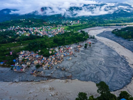An aerial view shows the aftermath of massive flooding along the Bhotekoshi River, which affected low-lying areas and settlements near the riverbanks in Nuwakot, Nepal.Photograph: Ap Tolang/Nexpher/ZUMA Press Wire/Shutterstock