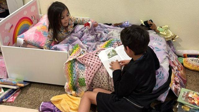 Image caption,Fernandez Faber's son, Aster, reads a book to his younger sister, Maya, in Colorado