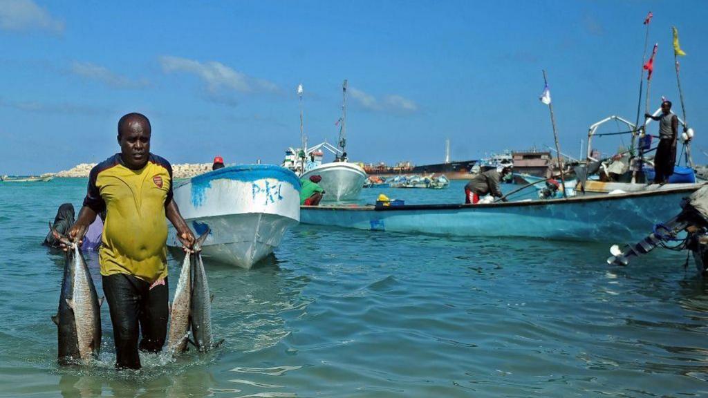 Image caption,Fishing by international trawlers off Puntland's coast has had an impact on this vital local industry (file photo)