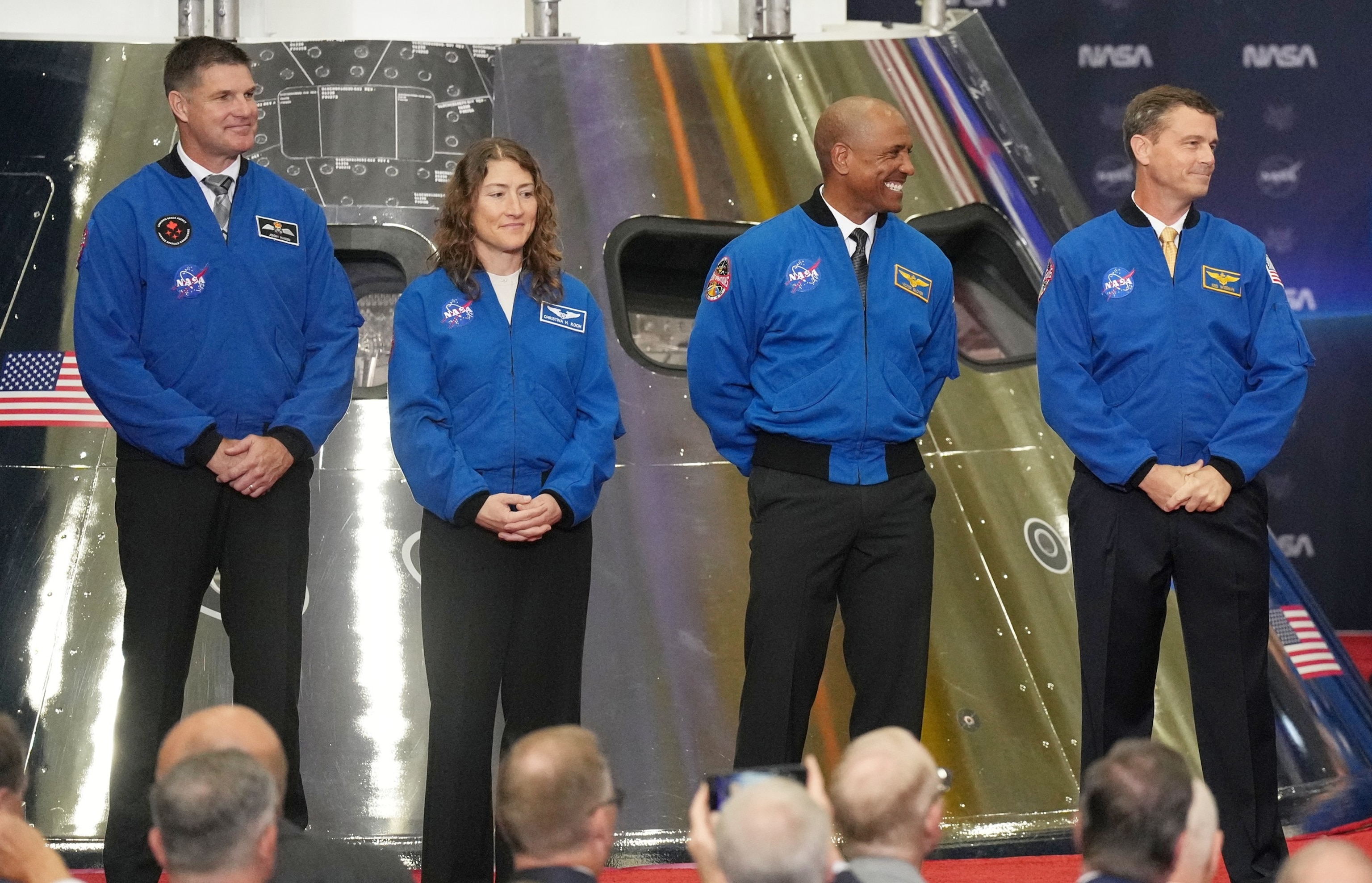 Artemis II astronauts, Jeremy Hansen, Christina Koch, Victor Glover and Reid Wiseman, are introduced before a Congressional Space Medal of Honor ceremony at NASA's Johnson Space Center, Aug. 28, 2026, in Houston.Karen Warren/AP Photo