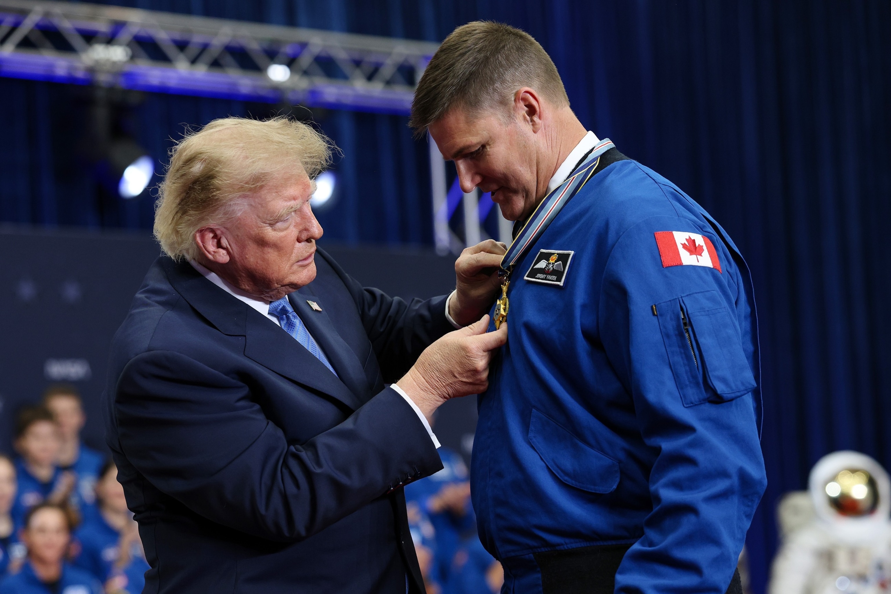 President Donald Trump awards the Congressional Space Medal of Honor to mission specialist Jeremy Hansen of the Canadian Space Agency during a ceremony honoring Artemis II crew members at NASA's Johnson Space Center, August 28, 2026 in Houston, Texas.Win McNamee/Getty Images