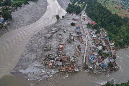 A drone view of the aftermath of flash flooding at the confluence of the Trishuli and Tadi rivers in the Nuwakot district, Nepal.Photograph: Rajesh Kumar Singh/AP
