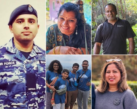 Australian’s missing in Nepal. Clockwise from left - Karan Bhardwaj, Chitra Venkatraman, Venkatraman Balakrishnan, Sumi Adhikari and Family: Shylaja Muralitharan, Aarush Muralitharan, Ashwin Muralitharan & Chandrasekaran Muralitharan.Composite: Supplied by the families
