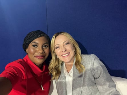 Kemi Badenoch praised Giorgia Meloni’s ‘straight-talking, no-nonsense’ attitude in the caption to her selfie.Photograph: @KemiBadenoch/Twitter/X
