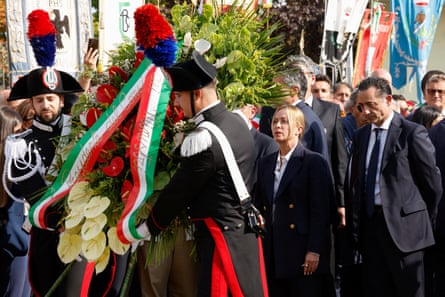 Giorgia Meloni, seen here at a ceremony this week to mark the 10th anniversary of the Amatrice earthquake, leads polls before next year’s election.Photograph: Remo Casilli/Reuters