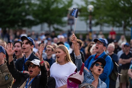 Supporters of Sweden Democrats party leader Jimmie Åkesson listen to him at an election campaign event in Huddinge on 18 August.Photograph: Jonathan Nackstrand/AFP/Getty Images