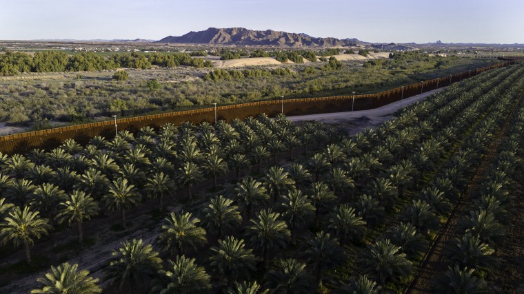 The U.S.-Mexico border stretches past a date farm in Yuma, Ariz., in 2024.John Moore / Getty Images
