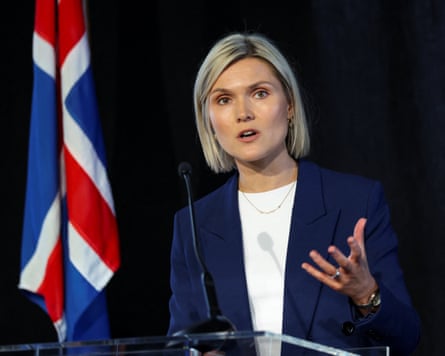 Kristrún Frostadóttir speaks to reporters on Sunday after the result.Photograph: Leonhard Föger/Reuters