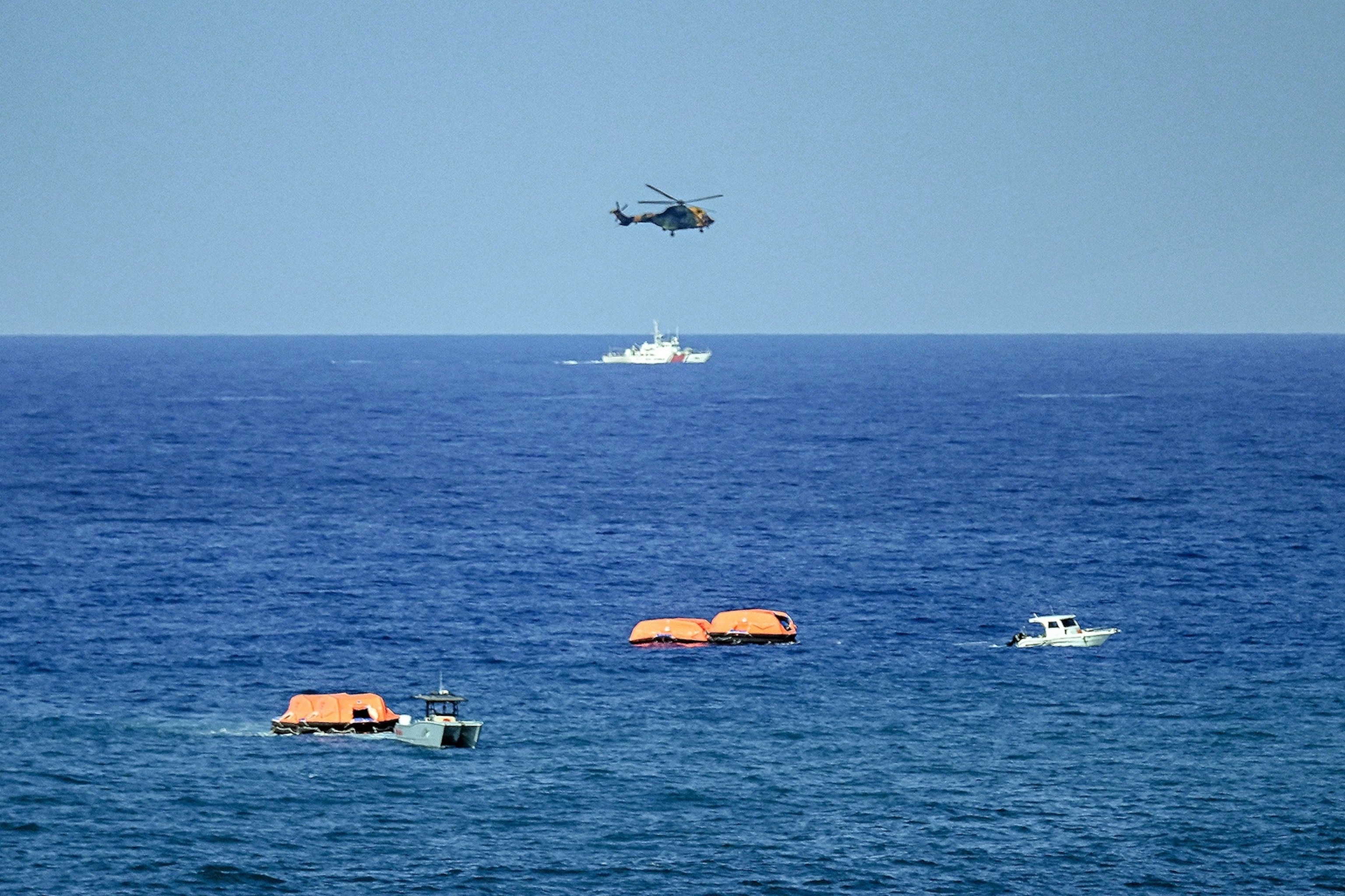 Turkish vessels, aircraft, and rescue rafts are pictured off the port of Kyrenia in the self-proclaimed Turkish Republic of Northern Cyprus, in the north of the divided Mediterranean island of Cyprus, on Aug. 30, 2026.Jewel Samad/AFP via Getty Images