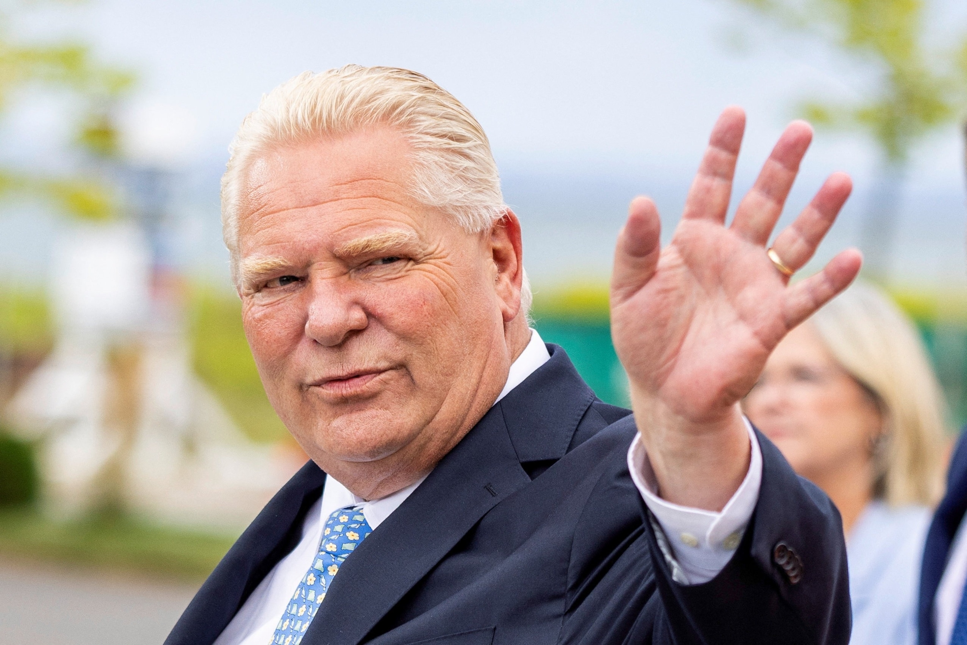Ontario Premier Doug Ford waves at supporters before speaking to the media about the collapse of trade talks between Canada and the United States, in Hamilton, Ontario, Canada, August 24, 2026.Carlos Osorio/Reuters