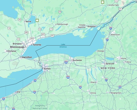 Lake Ontario renamed as Lake America on US-facing Google Maps.Photograph: Google Maps