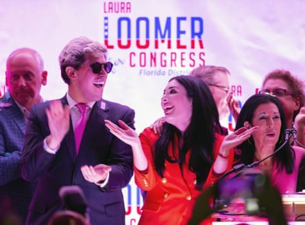 Laura Loomer (front, centre) celebrates with Yiannopoulos at a congressional primary election night event in West Palm Beach, Florida, in August 2020.Photograph: Allen Eyestone/AP