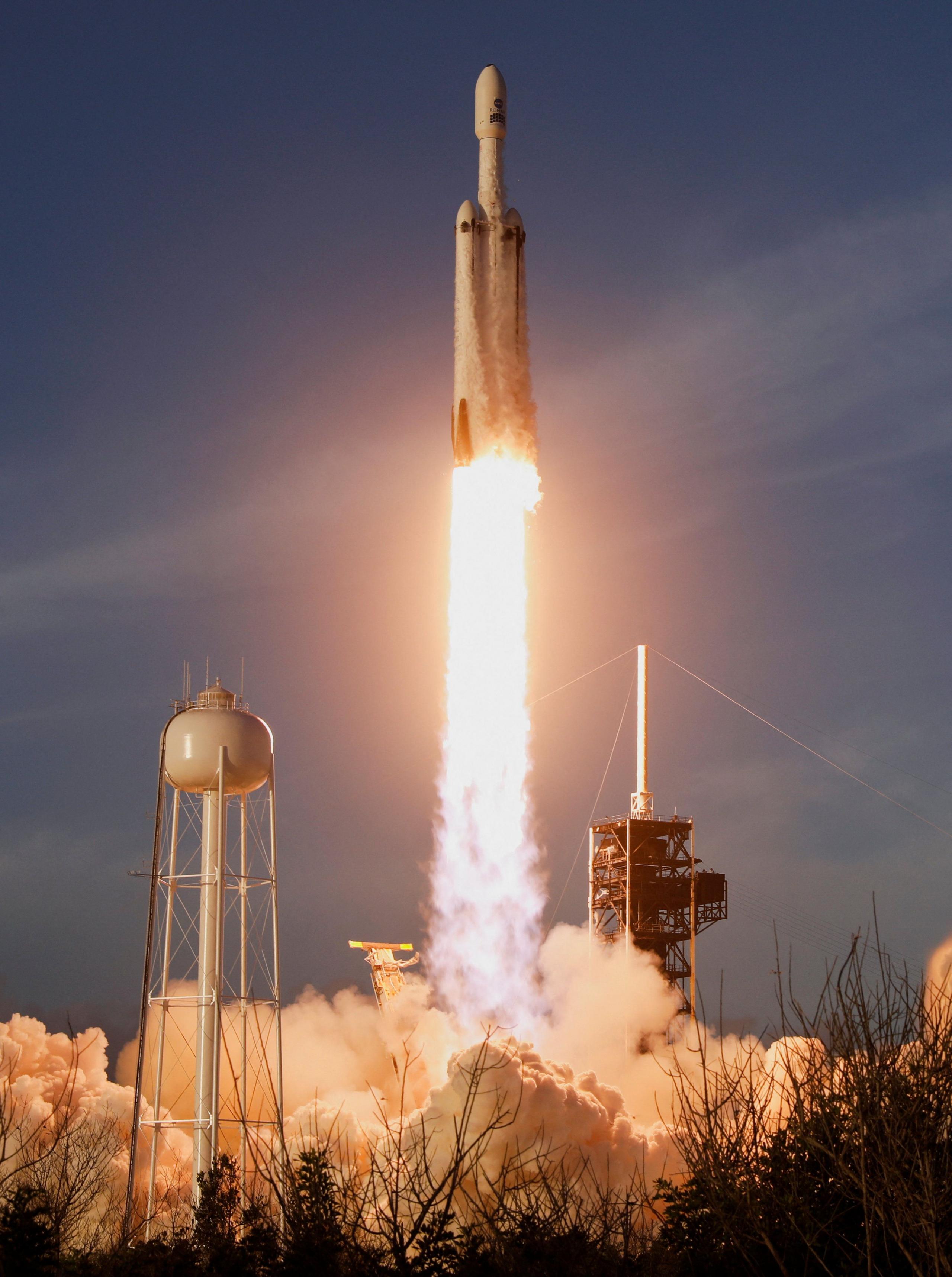 Image caption,A SpaceX Falcon Heavy rocket lifts off carrying Nasa's Nancy Grace Roman Space Telescope