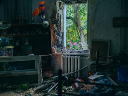 Inside the damaged house in Myla village, Kyiv region.Photograph: Julia Kochetova/The Guardian