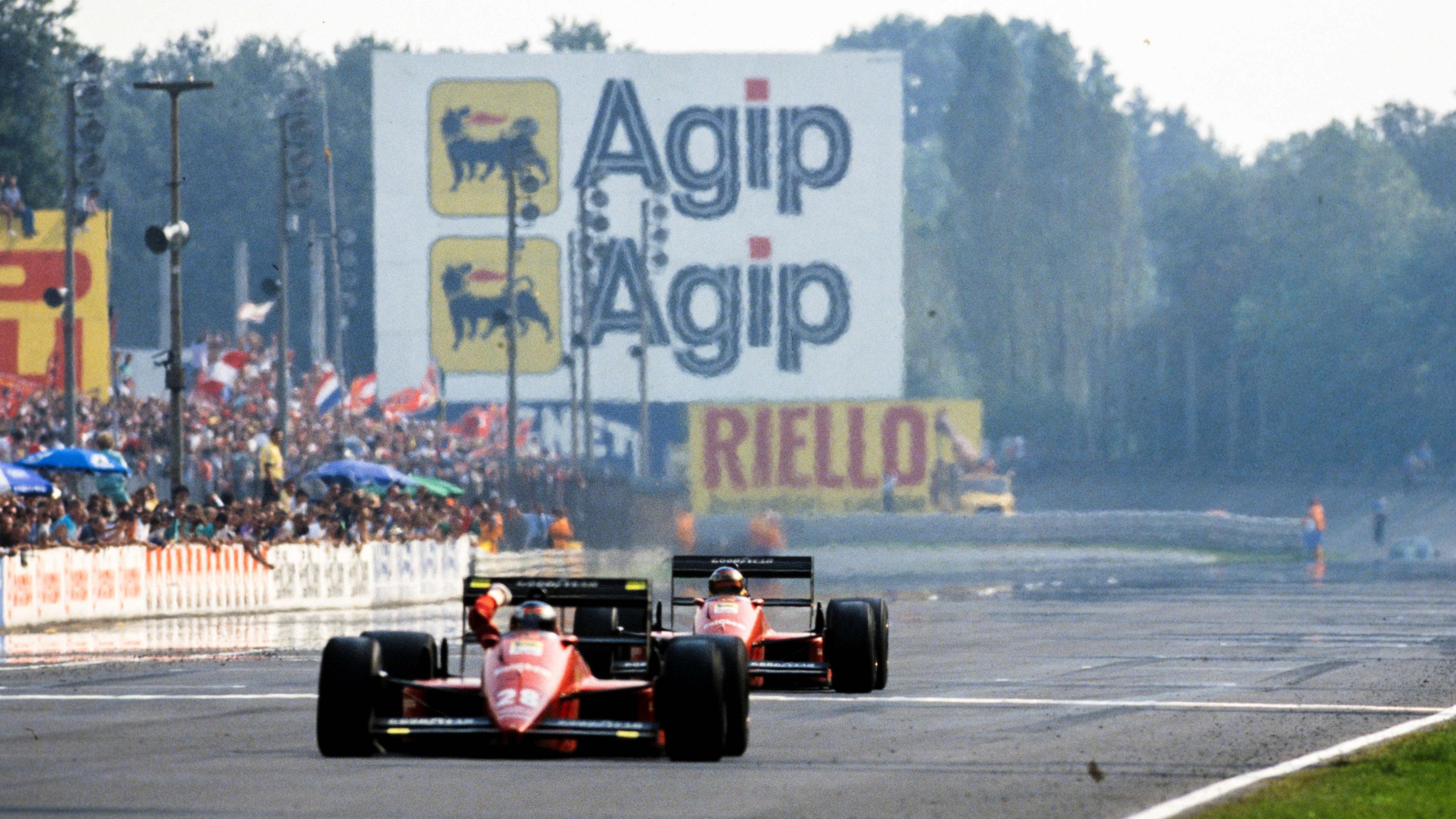 Image caption,The Italian Grand Prix was the only race not won by McLaren in 1988. It would have been a clean sweep if Jean-Louis Schlesser, deputising for Nigel Mansell at Williams, had not punted off Ayrton Senna as the Brazilian attempted to lap him with two laps to go. Senna's misfortune meant Ferrari finished one-two, with Gerhard Berger leading home team-mate Michele Alboreto in front of a thrilled home crowd. The joy was tinged with poignancy - the victory was just a few weeks after team founder Enzo Ferrari had died.