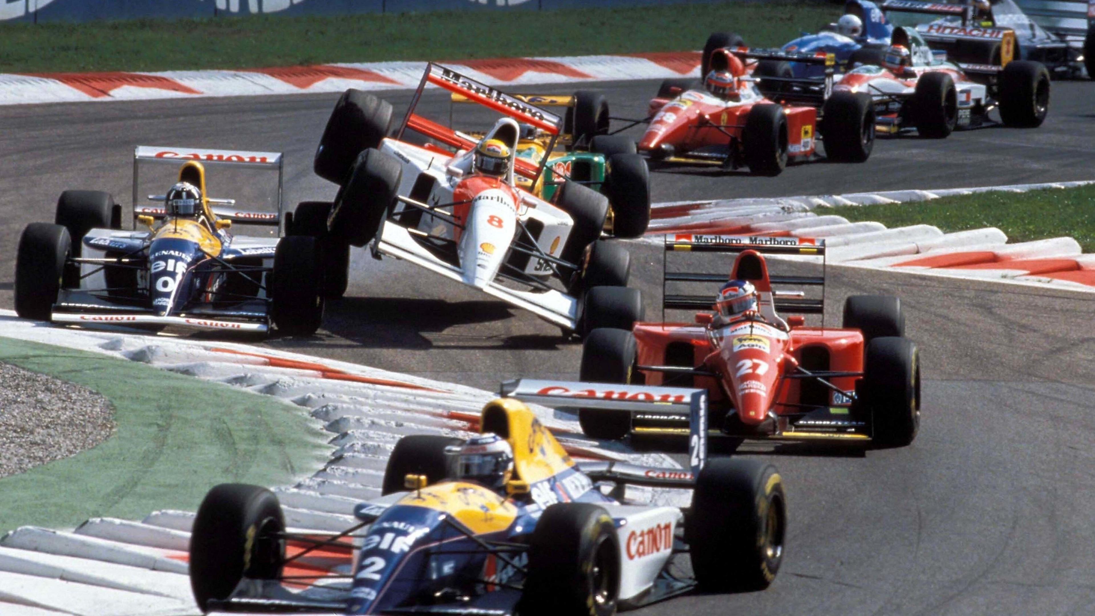Image caption,At the same chicane where Senna was hit by Jean-Louis Schlesser in 1988, the Brazilian comes together with another Williams, this time driven by Damon Hill, at the start in 1993. Both drivers were able to continue and Hill recovered to win the race.