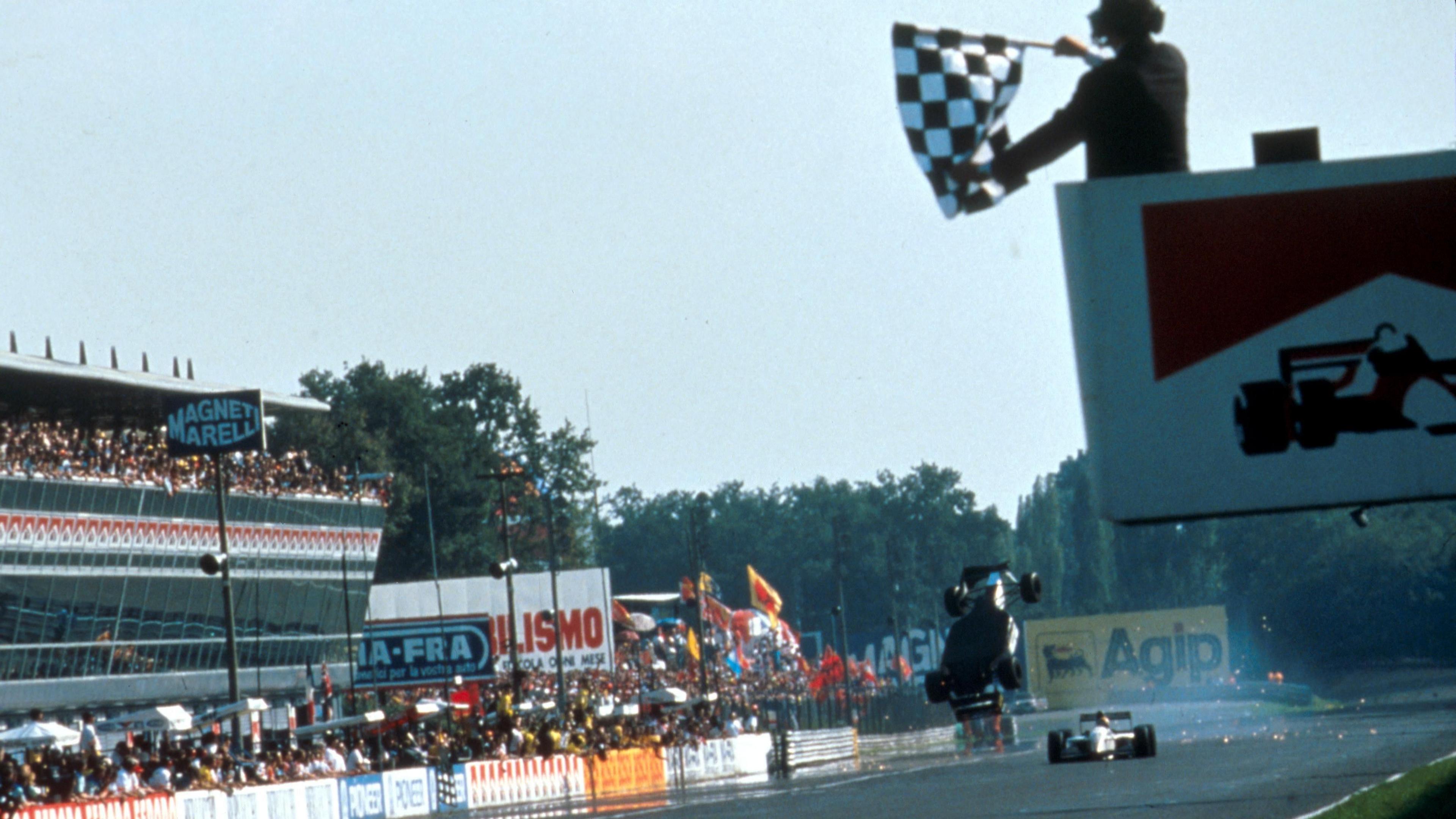 Image caption,The Minardi of Christian Fittipaldi is upside down and somersaulting through the air after colliding with team-mate Pierluigi Martini on the approach to the line in 1993. Both drivers were unhurt and Fittipaldi crossed the finish line through his forward momentum when his car landed on the track. He took eighth place, a position behind Martini.