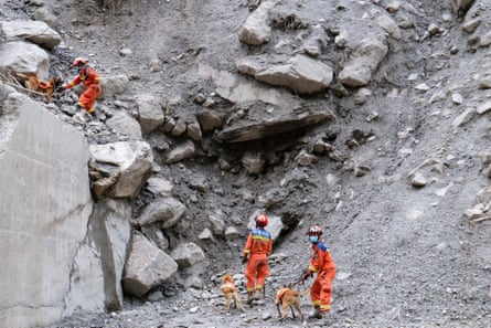 Firefighters and sniffer dogs search for missing people on a road near Gyirong Port.Photograph: cnsphoto/Reuters