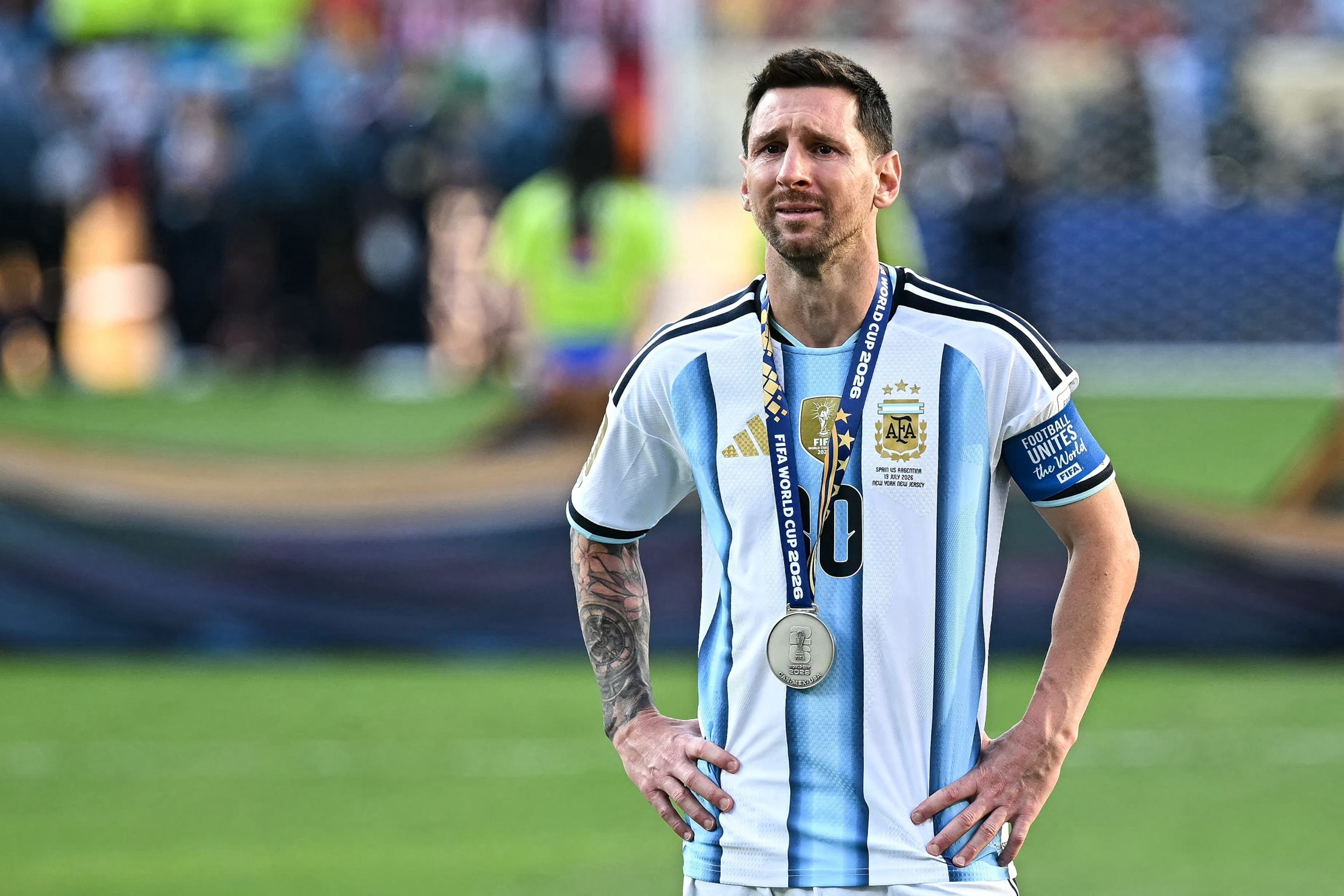 Argentina's Lionel Messi cries during the trophy ceremony at the end of the 2026 World Cup football tournament final match between Spain and Argentina at the New York/New Jersey Stadium in East Rutherford on July 19, 2026.Paul Ellis/AFP via Getty Images