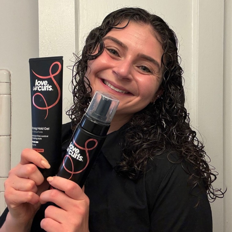Malin applies Love Ur Curls’ Volumizing Foam and Strong Hold Gel to her soaking wet hair, which helps define her curls as well as make them soft and shiny once they’re dry.Courtesy of Zoe Malin