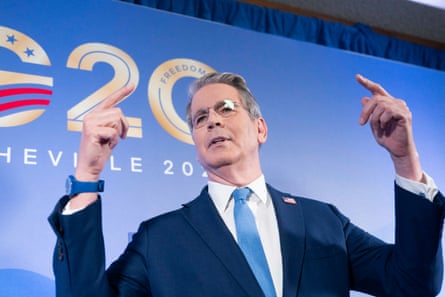 Scott Bessent speaks to reporters as he arrives for the G20 finance ministers meeting in Asheville, North Carolina.Photograph: Allison Joyce/AFP/Getty Images