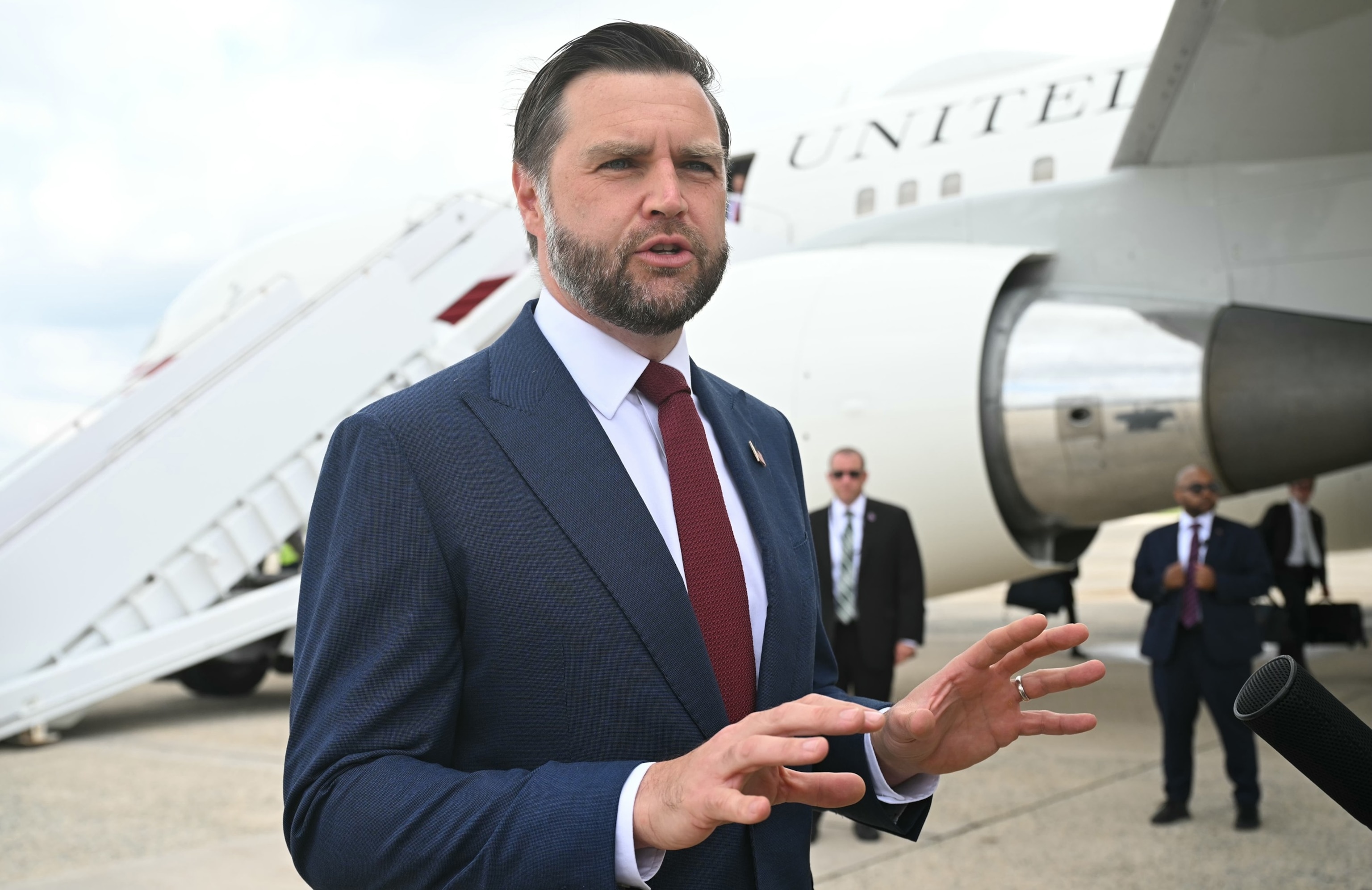 Vice President JD Vance speaks to reporters before boarding Air Force Two at Joint Base Andrews, Md., Aug. 31, 2026.Saul Loeb/Pool via AP
