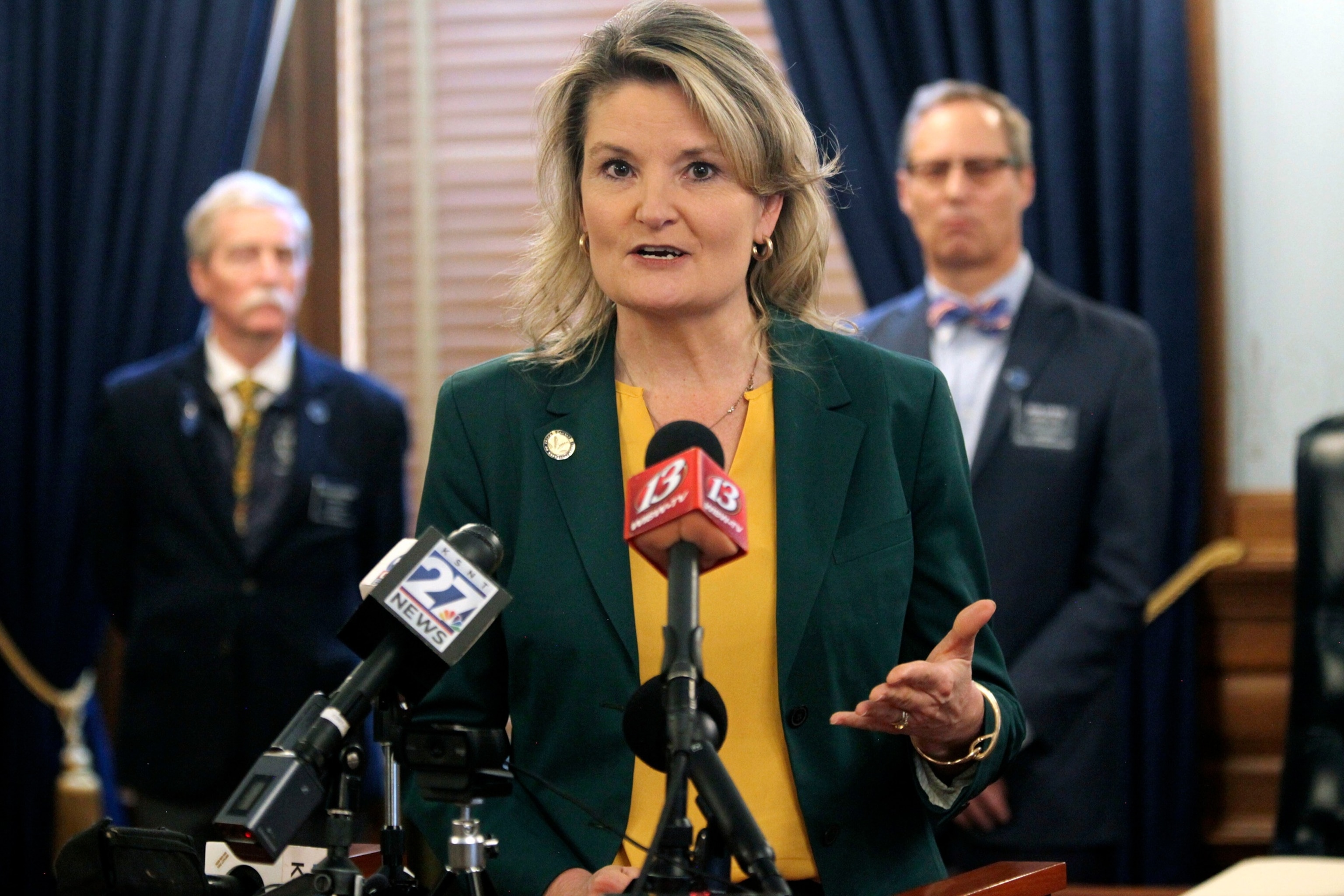 Kansas state Sen. Cindy Holscher, D-Overland Park, speaks during a news conference Thursday, Jan. 12, 2023, at the Statehouse in Topeka, Kan.John Hanna/AP