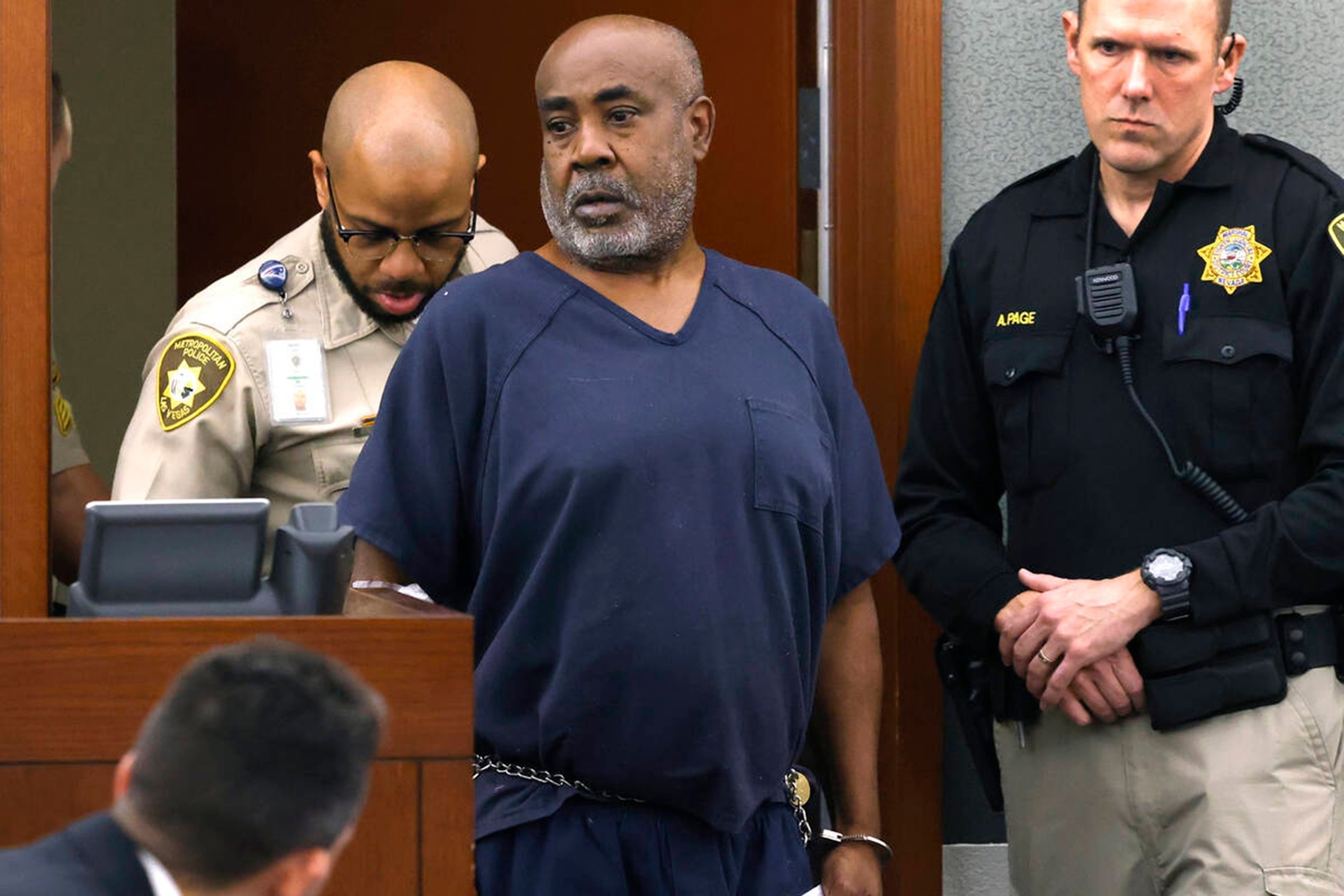 Duane “Keffe D” Davis, charged in the fatal 1996 shooting of rapper Tupac Shakur, is led into the courtroom during his arraignment at the Regional Justice Center, Oct. 4, 2023, in Las Vegas. (Bizuayehu Tesfaye/Las Vegas Review-Journal/Tribune News Service via Getty Images)Las Vegas Review-journal/TNS