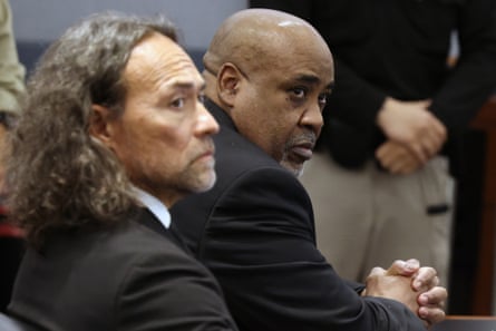 Duane Davis and his attorney Michael Sanft in the courtroom in Las Vegas.Photograph: Bizuayehu Tesfaye/Pool Las Vegas Review-Journal/AP