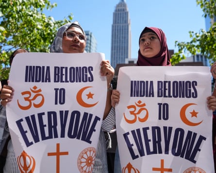 People protest against an appearance by Mohan Bhagwat, a leader of the far-right paramilitary group RSS, in New York.Photograph: Ryan Murphy/AP