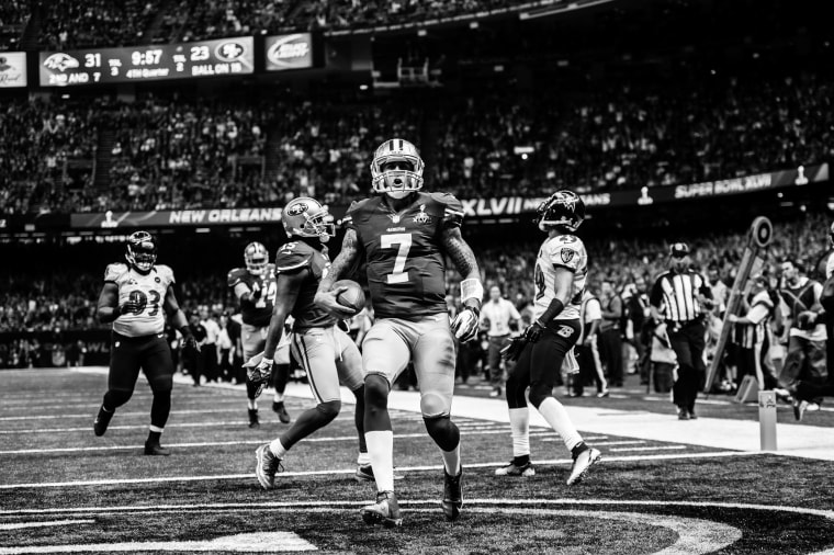 Kaepernick celebrates after a touchdown in the fourth quarter of the Super Bowl in 2013.Rob Tringali / Getty Images file