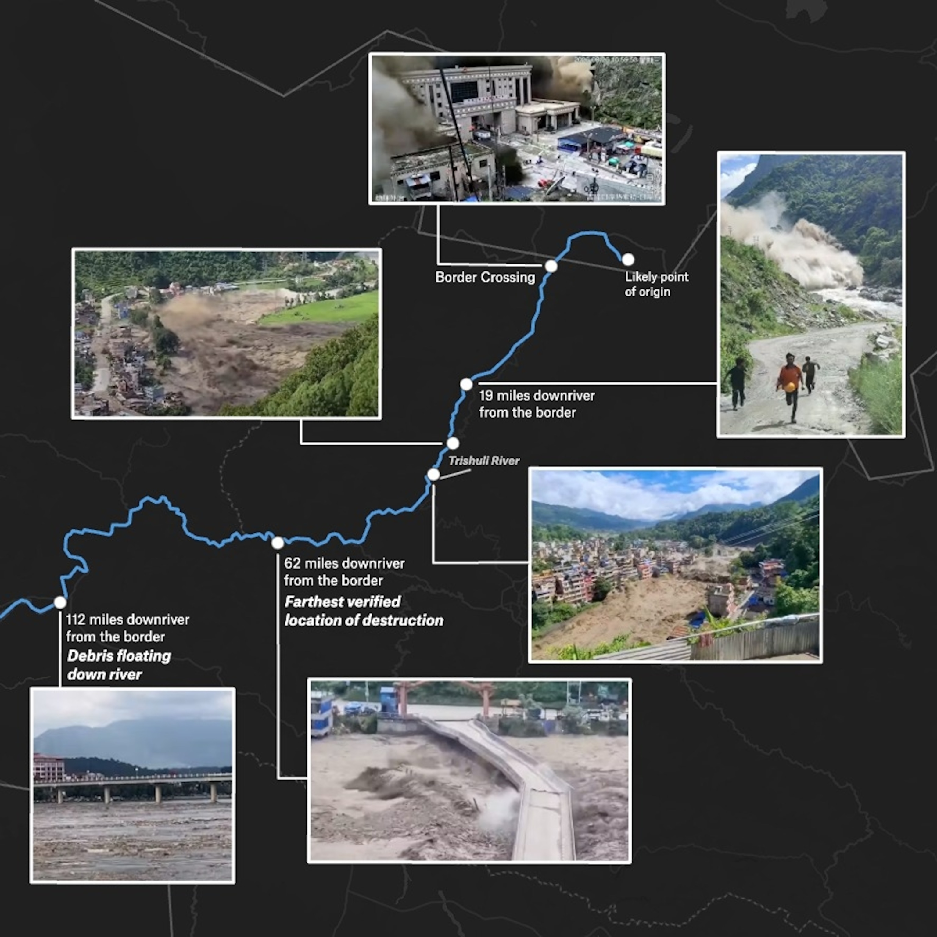 This graphic shows destruction along the path of a landslide and subsequent flash flood along the Nepal-Tibet border.Felt Maps/ABC News