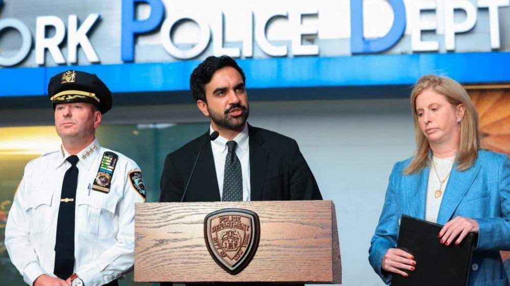 Image caption,New York City Mayor Zohran Mamdani thanked NYPD officers who stepped in and "prevented a horrific attack from becoming even worse"
