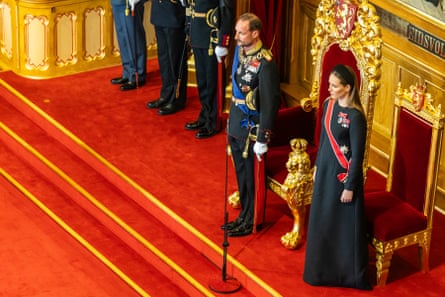 People line up on Tuesday to pay their respects to the late King Harald V, whose casket lies in state at the Royal Palace Chapel in Oslo.Photograph: Odd Andersen/AFP/Getty Images