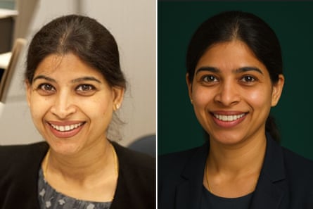 Meena Jha (left) and her Neena Chatbot (right). Jha, an associate professor at Central Queensland University, has built an AI avatar in her likeness named Neena Chatbot and trained it to answer students’ questions about subject matter.Composite: Supplied