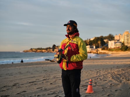 During each drone flight, Taha Kafil-Hussain rakes the bay in sections from left to right, backwards and forwards, leaving a checkerboard pattern on his control screenPhotograph: Rémi Chauvin/The Guardian