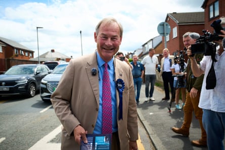 Restore Britain leader Rupert Lowe on the byelection campaign trail in Makerfield earlier this year.Photograph: Christopher Thomond/The Guardian
