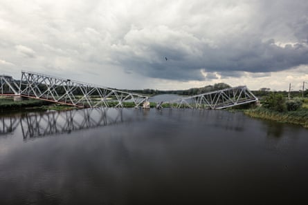 A destroyed railway bridge in the Lyman district in eastern Ukraine’s Donetsk oblast.Photograph: Jelle Krings