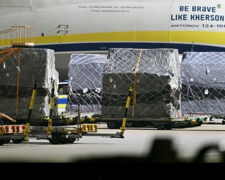 Freight by an Ukrainian Antonov plane at Leipzig/Halle airport filmed a day after a drone was spotted nearby.Photograph: NEWS5/AFP/Getty Images