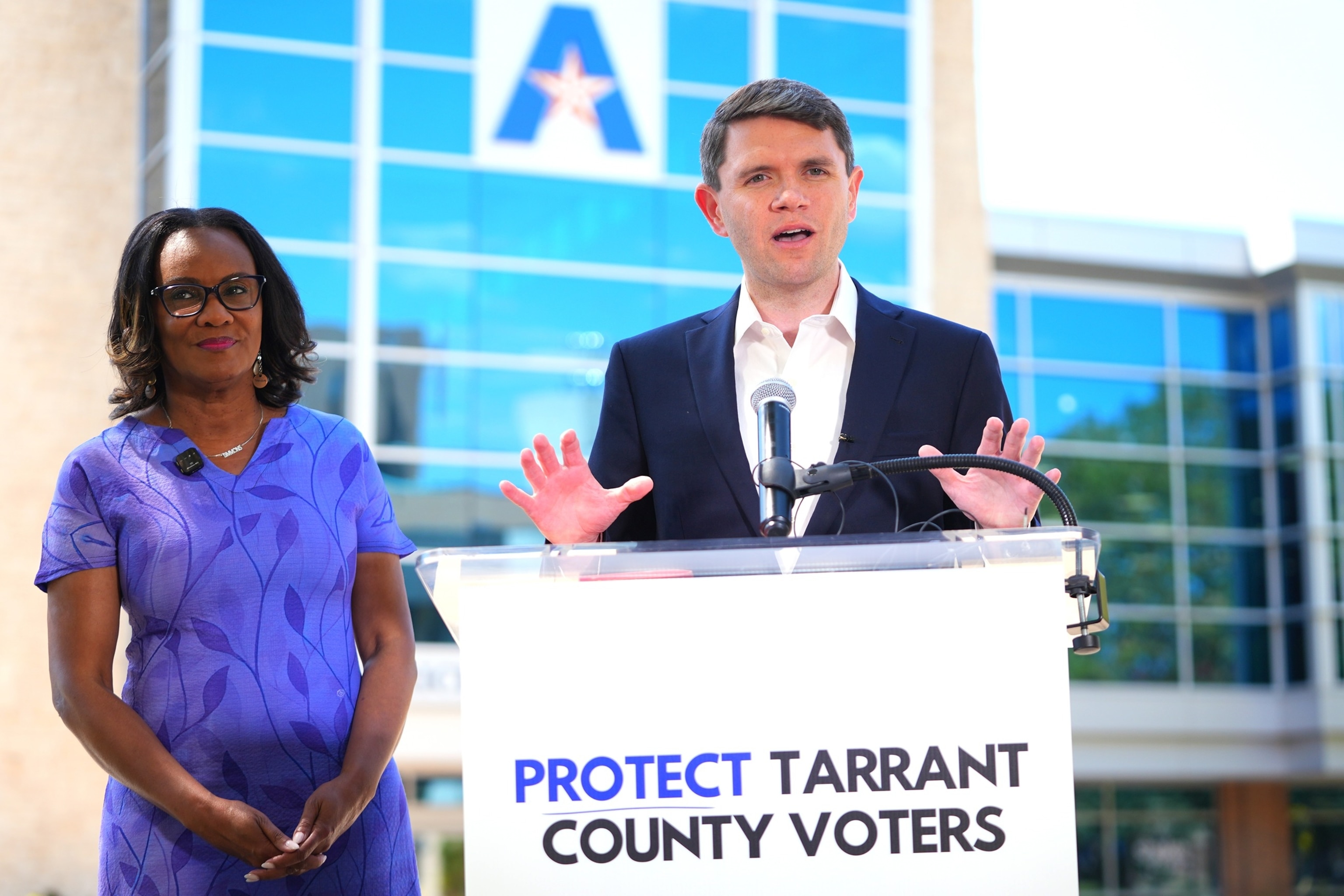 Democratic Senate candidate James Talarico, right, speaks with Tarrant County Commissioner Alisa Simmons during a news conference at UTA, Aug. 30, 2026, in Arlington, Texas.Lm Otero/AP Photo